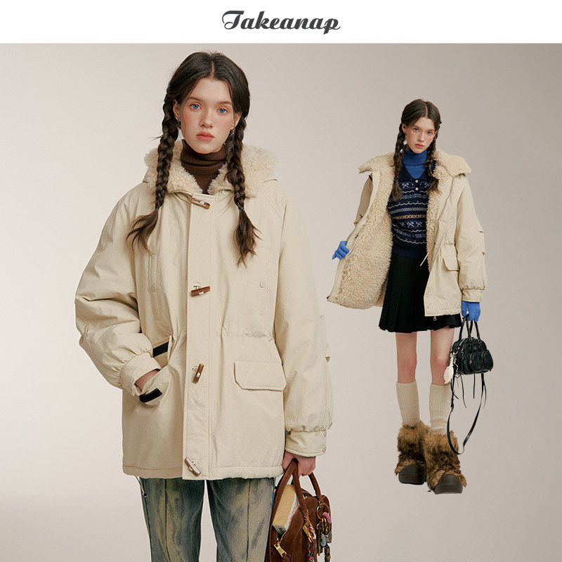 TAKEANAP午睡 毛毛羊羔内里牛角扣棉服女冬宽松工装保暖厚外套