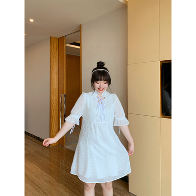 荷宝娜微胖定制 短袖绑带A字大码连衣裙中长款胖mm雪纺甜美仙女裙