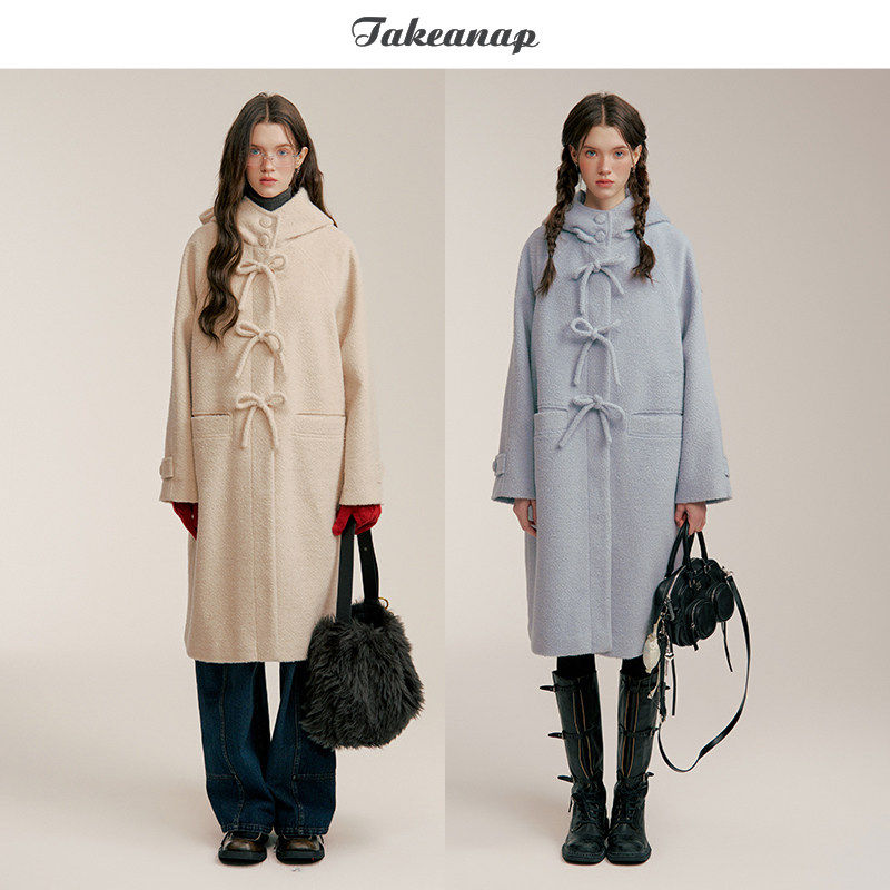 TAKEANAP午睡 大蝴蝶结连帽毛呢外套女秋冬宽松保暖羊毛呢大衣