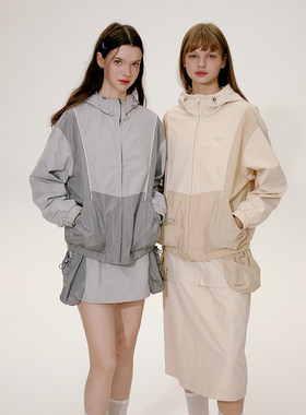 TAKEANAP午睡 美式复古运动套装女春秋新款撞色连帽休闲外套半裙