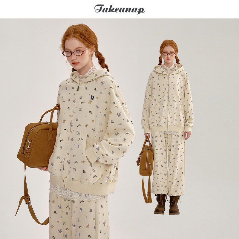 TAKEANAP午睡 碎花连帽卫衣外套女春开衫卫裤套装宽松运动两件套
