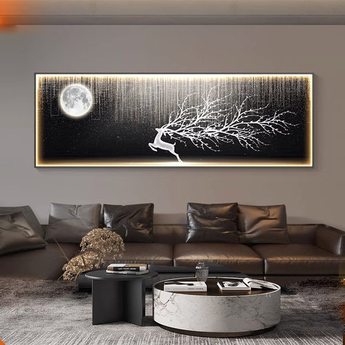 现代轻奢客厅装饰画发光画福鹿led灯画沙发背景墙挂画鹿壁画晶瓷