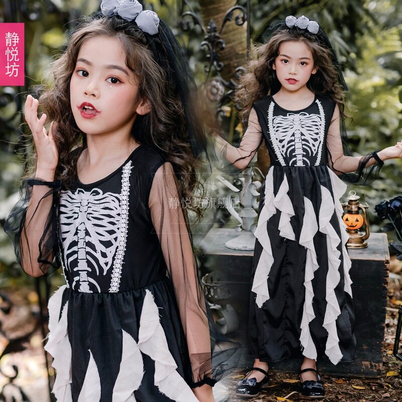万圣节服装童装儿童服装女童暗黑恶魔鬼新娘长裙吸血鬼骷髅僵尸装