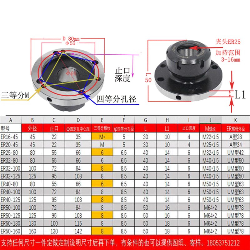 ER卡盘ER3f2-D80三孔七孔夹头座ER法兰盘40-100主轴头连接盘筒夹