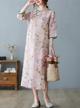 快速发货复古中式盘扣棉麻连衣裙长款遮肉202O2新款改良旗袍高端