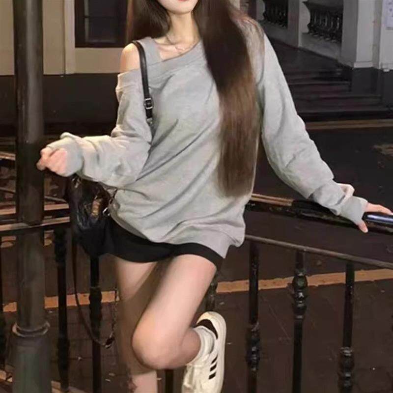 慵懒风灰色斜领露肩长袖卫衣女春秋薄款宽松显瘦休闲百搭无帽上衣