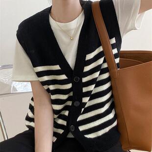 黑白条纹针织背心马甲女短款2025秋季新款V领毛衣开衫外搭