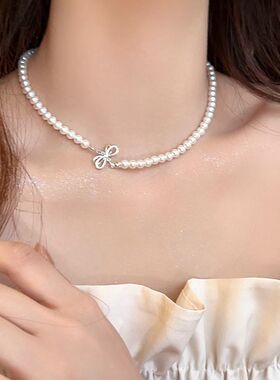 轻奢小众蝴蝶结珍珠锁骨链女款