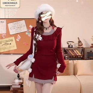 辣妹圣诞红色格子荷叶连衣裙长袖针织冬季新款收腰显瘦短裙裙子