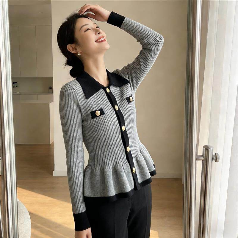 2025秋冬小香风撞色边针织开衫女翻领金属扣修身显身材气质上衣,女装/女士精品,毛针织衫,淘宝优惠券,粉丝福利购,淘宝优惠卷