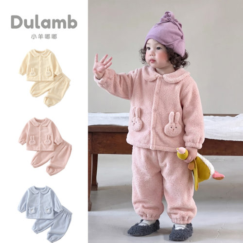 儿童睡衣秋冬款儿童家居服套装加绒居家衣服保暖半边绒冬装两件套