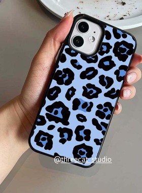 韩系小众ins设计Y2K少女蓝色豹纹博主同款手机壳适用于iphone16promax/15pro苹果15/14/13/12保护黑边11