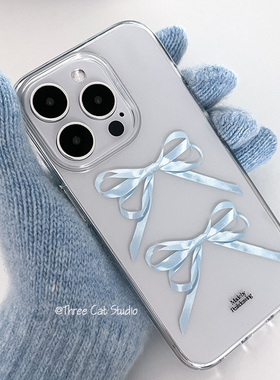 韩ins少女感奶蓝法式蝴蝶结欧尼博主同款手机壳适用于iphone17pro/16promax苹果15/14/13保护套高透软包边12