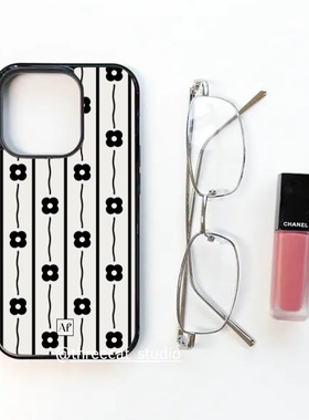 韩系ins欧尼辣妹黑色花朵竖纹博主同款手机壳适用于iphone17promax/16pro苹果15/14/13/12黑边11保护套Xsmax