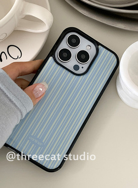 韩ins蓝黄条纹情侣欧尼博主同款15适用于iphone17promax/16pro苹果13/12/11手机壳xsmax保护套XR黑边14软16e