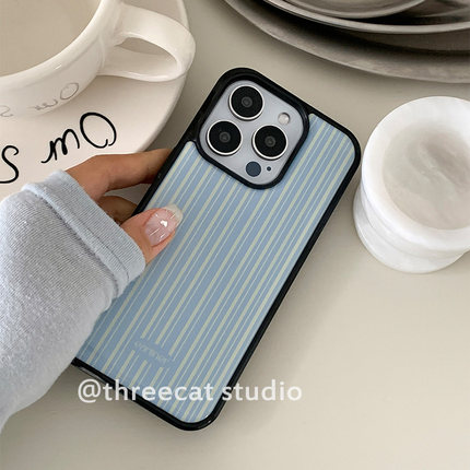 韩ins时尚模范生蓝黄条纹欧尼博主手机壳适用iphone18promax/17pro苹果Duo/17/16/15/14/13/8plus保护套Xsmax