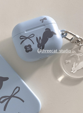 韩ins设计蓝色兔子蝴蝶结pro3进口菲林耳机壳适用于苹果1/2/3/4代airpods pro2保护套airpods 4代硬亮