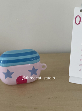 韩ins蓝色横纹粉房子pro3进口4代菲林耳机壳适用于苹果1/2/3/4代airpods pro2保护套airpods 4代硬亮