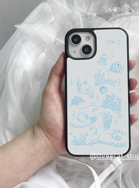 韩系小众ins设计蓝色海底世界欧尼博主同款手机壳适用于iphone17promax/16pro苹果15/14/13/12保护黑边11