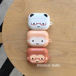 pro2保护套airpods 韩ins古早少女心软萌眼镜猴子熊猫pro3进口菲林耳机壳适用苹果1 4代airpods 4代硬亮