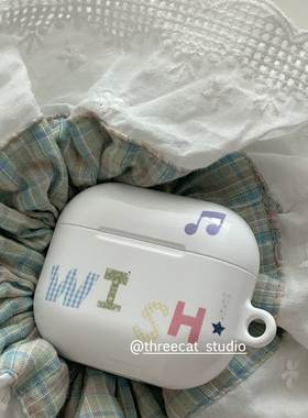 韩ins设计艺术格子纹WISH英文pro3进口菲林耳机壳适用于苹果1/2/3/4代airpods pro2保护套airpods 4代硬亮