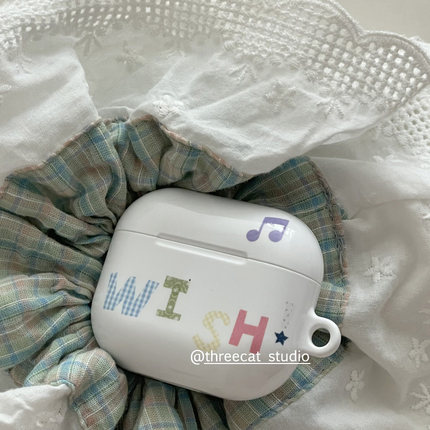 韩ins设计艺术格子纹WISH英文pro3进口菲林耳机壳适用于苹果1/2/3/4代airpods pro2保护套airpods 4代硬亮
