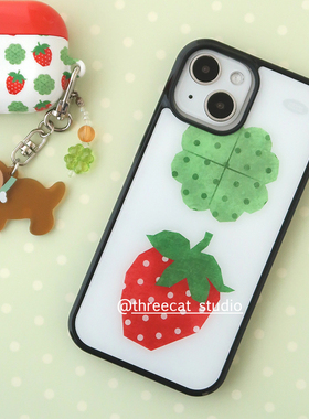 韩ins涂鸦红色草莓四叶草欧尼博主同款手机壳适用于iphone17promax/16pro苹果15/14/13/12黑边11保护套Xsmax