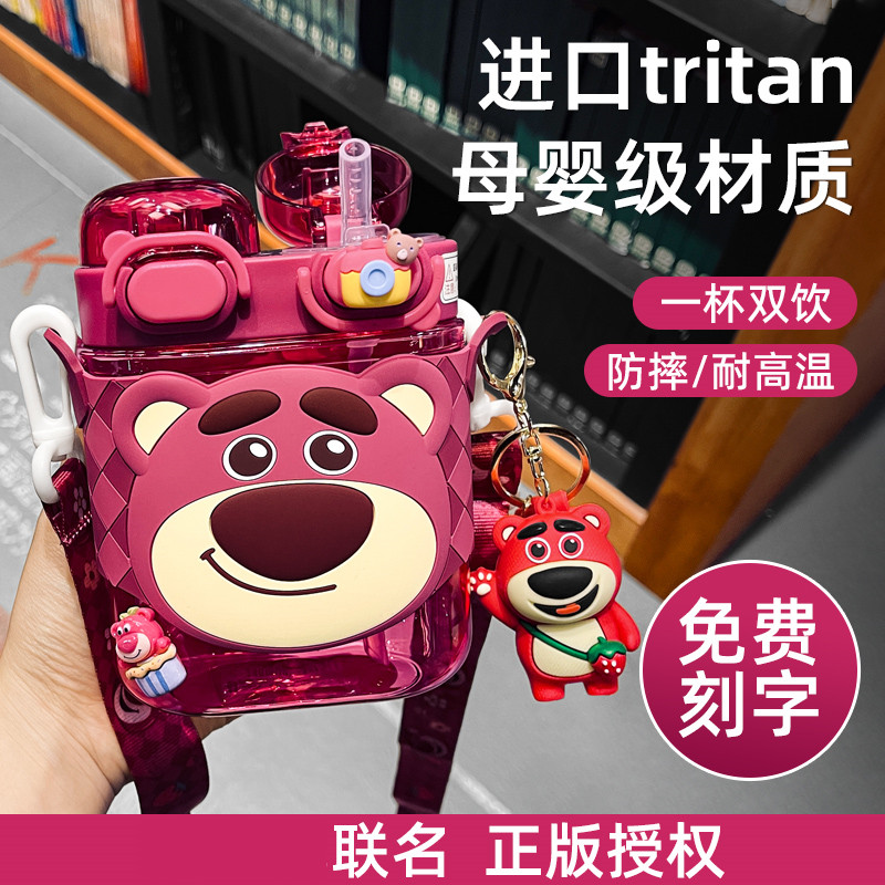 英国MinaHuge草莓熊儿童水杯tritan材质上学双饮杯中大童便携水壶