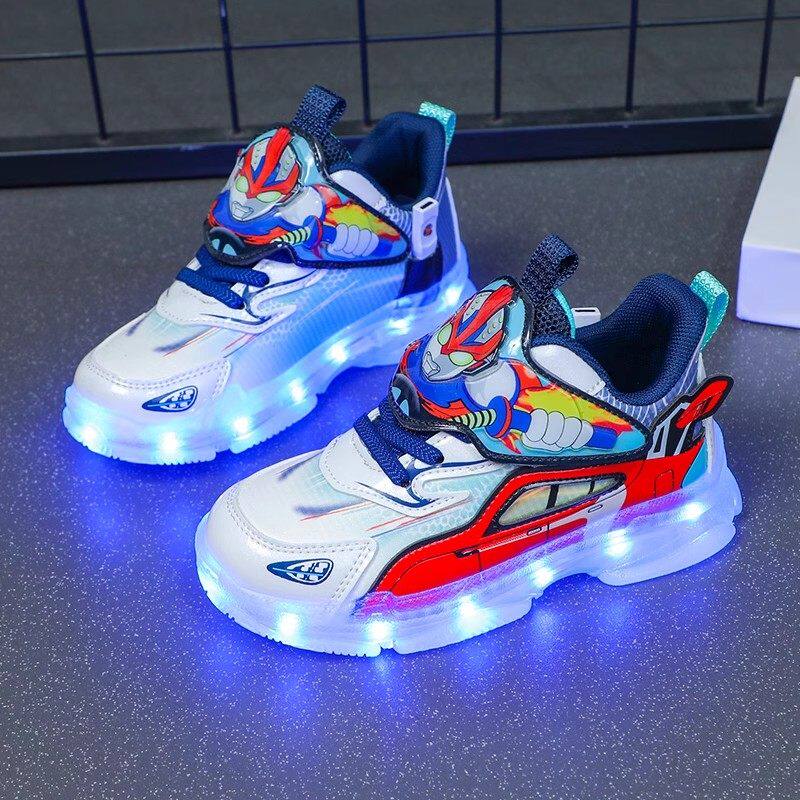 英国DGKP儿童发光鞋运动带灯鞋防水充电亮灯鞋奥特曼鞋童鞋男孩