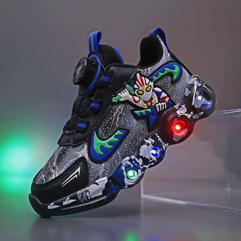 英国DGKP奥特曼男童皮面运动秋季转纽扣发光轻便跑步鞋潮鞋亮灯