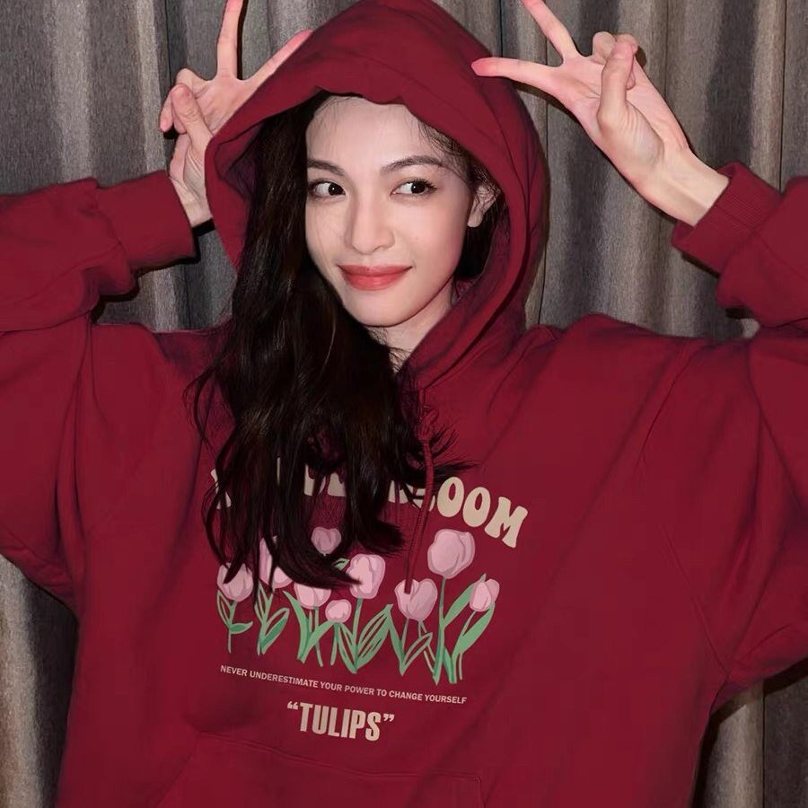 日本代购钟楚曦同款高级感酒红色连帽卫衣女秋冬加绒复古港味上衣