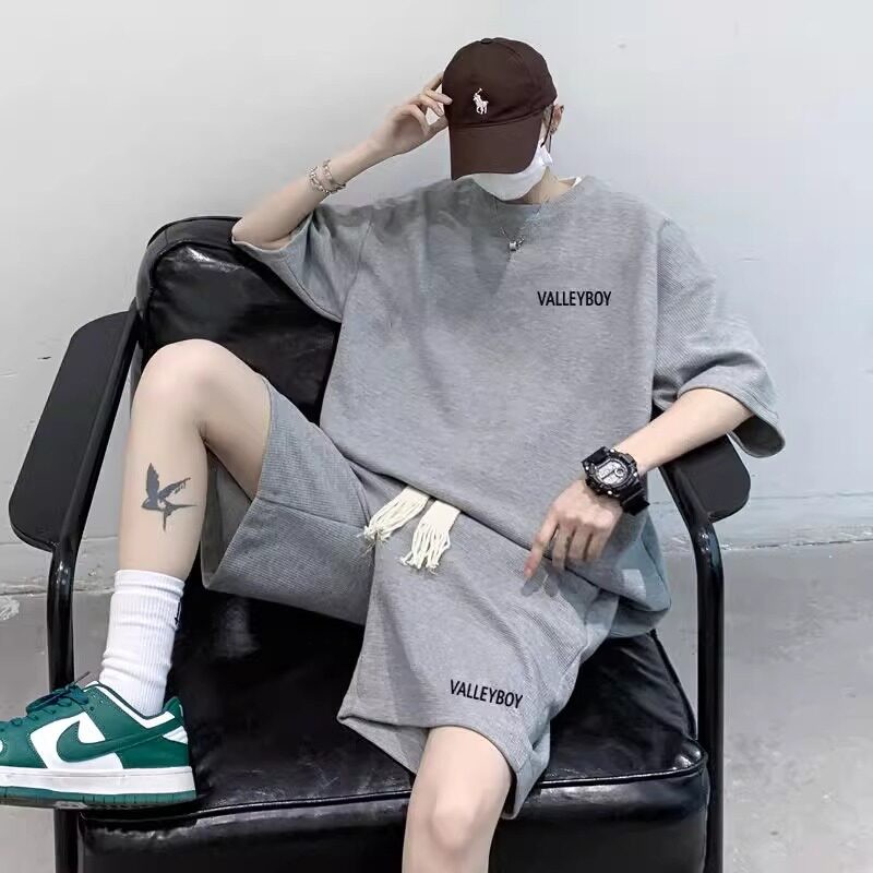 韩国Uamtor男生夏季套装华夫格短袖青少年运动休闲薄款冰丝一整套