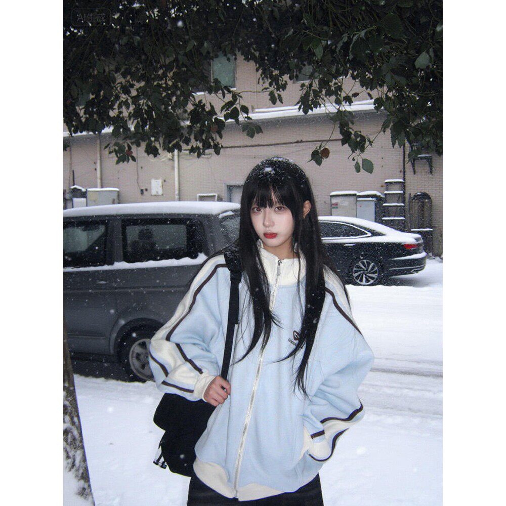 米兰风MDCW韩系学院风拼色条纹立领卫衣外套女秋冬季慵懒风棒球服