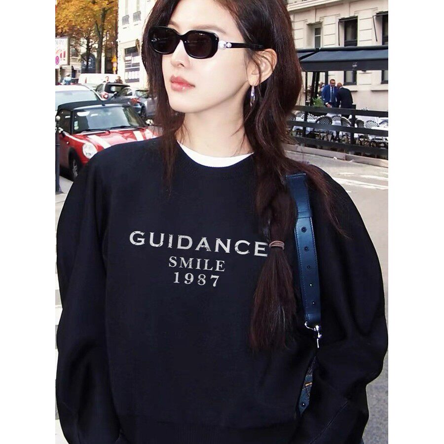 日本代购章若楠同款黑色卫衣女秋冬季加绒美式覆古慵懒风情侣上衣