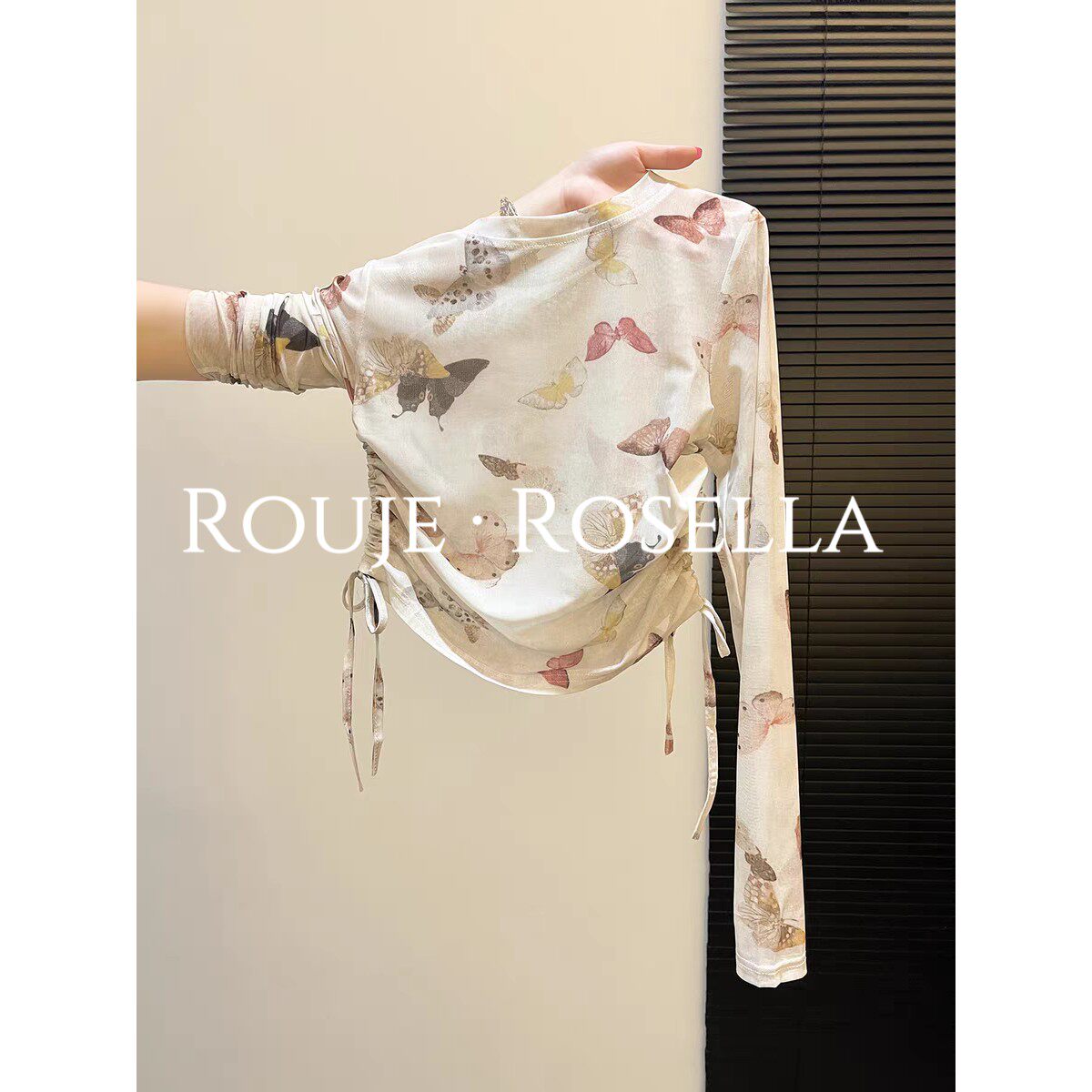 法国Rouje Rosella巨好看蝴蝶印花网纱抽绳收腰显瘦女防晒上衣