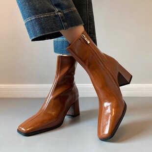 意大利Corso Venezia~法式瘦瘦靴高跟粗跟方头短靴秋冬覆古风女靴