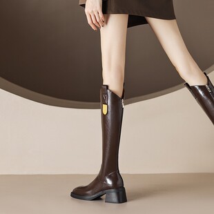 意大利Corso Venezia真皮长筒靴子女秋冬2025新款加绒高跟骑行靴