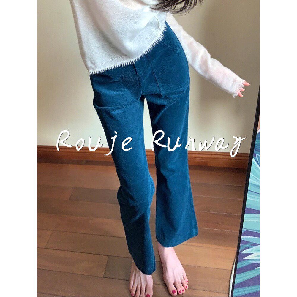 法式Rouje Runway秋冬深蓝色灯芯绒外穿慵懒小众直筒裤高腰裤子女