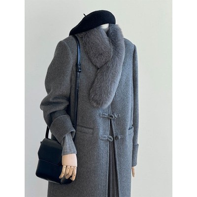 元旦 圣诞 新年战袍真狐狸毛领得愿新中式灰色羊毛大衣国风外套