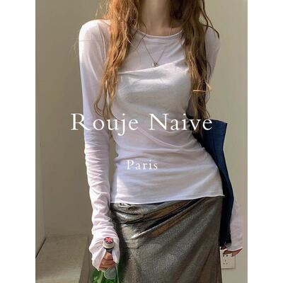 Rouje Naive韩系白色T恤女春秋季薄微透防晒罩衫修身打底内搭上衣