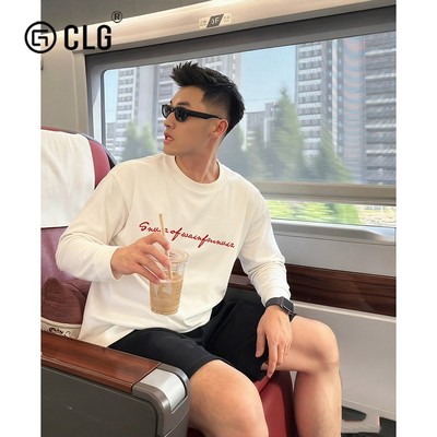 香港CLG潮牌休闲字母印花束口长袖T恤男生秋冬纯棉上衣重磅打底衫