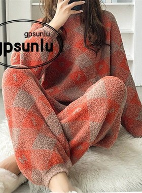 日本GP字母睡衣女秋冬季珊瑚绒软绵绵加厚保暖套头外穿家居服套装