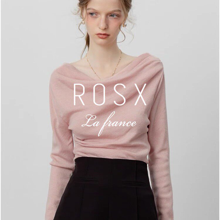 ROSX法式慵懒风一字肩收腰荡领针织衫女春季温柔气质短款长袖上衣