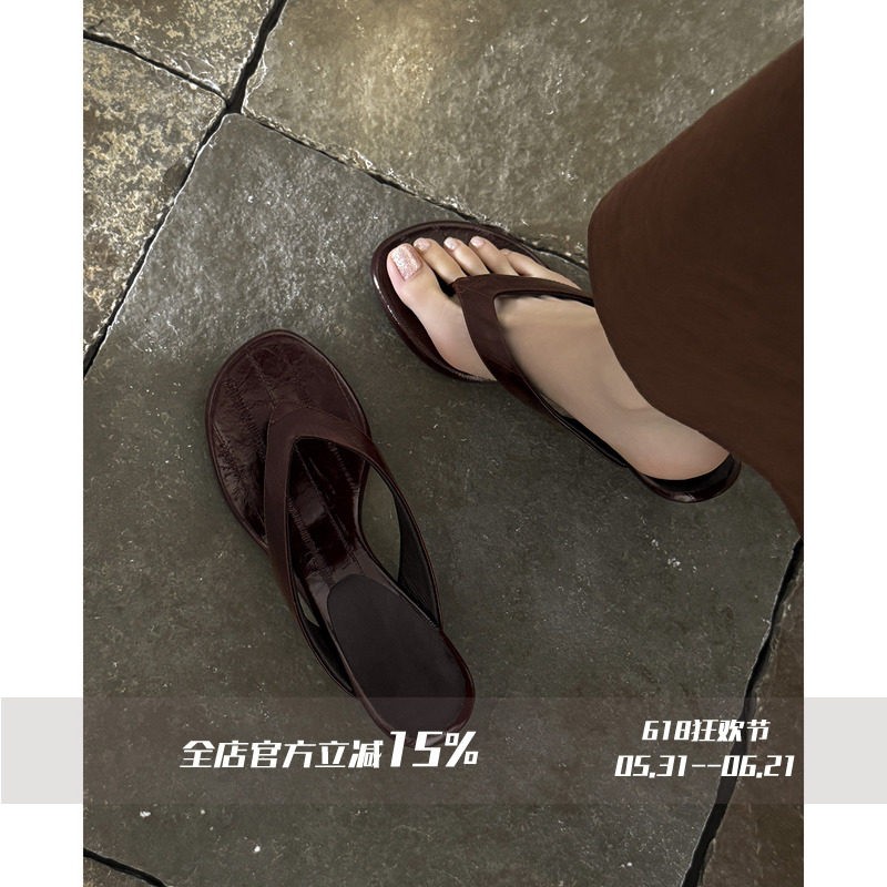 FairyWink 夏日柔光~!圆头露趾人字拖夹趾坡跟沙滩凉拖鞋鞋女夏