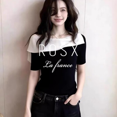 ROSX法式设计感黑白撞色拼接短袖t恤女夏季新款气质轻熟修身上衣