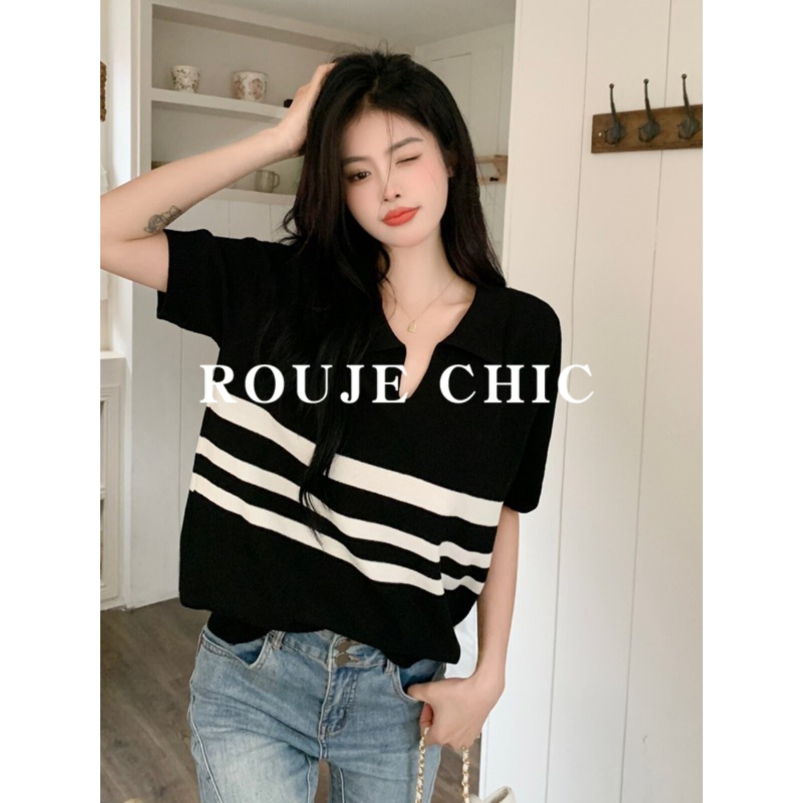 法国Rouje Chic撞色条纹Polo领短袖T恤女夏季薄款宽松冰丝针织衫