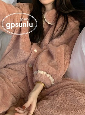 日本GP珊瑚绒睡衣女秋冬季韩版加厚法兰绒娃娃领甜美家居服套装冬