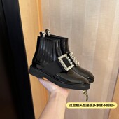 24年新升及 水钻漆皮RV方扣短靴女低跟金属扣马丁靴及踝靴厚底