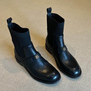 意大利Corso Venezia~弹力短靴女真皮秋冬加绒瘦瘦靴平底马丁靴子