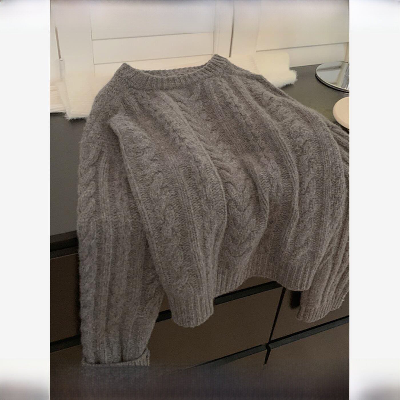 Rouje tusse灰色羊绒麻花套头毛衣女秋冬外穿内搭打底羊毛针织衫